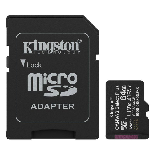 Cartão de Memória microSDXC Kingston Canvas Select Plus Gen3 64GB (100MB/s) UHS-I, U1, V10, A1 + Adaptador SD